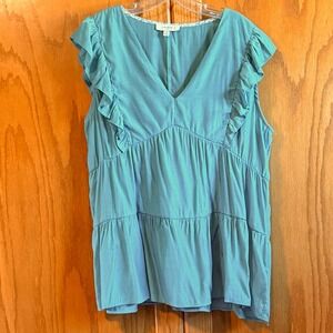 Umgee Fits Large Turquoise Blue/Green Ruffle Tiered Babydoll V-Neck Top WK5418
